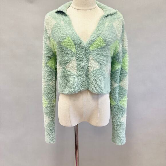 Cotton On argyle fluffy eyelash knit polo cropped cardigan in green Size Small - Picture 1 of 15
